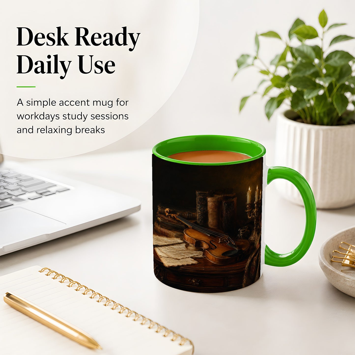 #pl[11oz|Green] Violin Still Life Ceramic Mug, Candlelit Books and Sheet Music