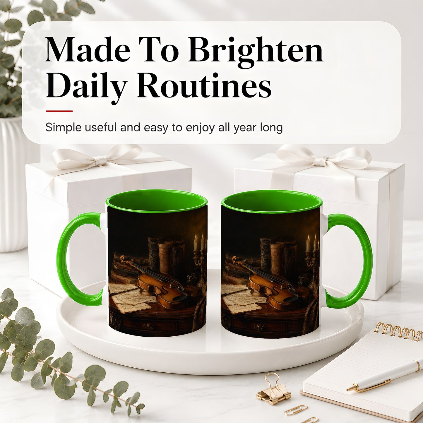 #pl[11oz|Green] Violin Still Life Ceramic Mug, Candlelit Books and Sheet Music
