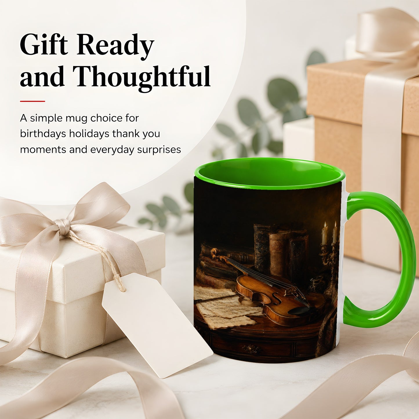 #pl[11oz|Green] Violin Still Life Ceramic Mug, Candlelit Books and Sheet Music