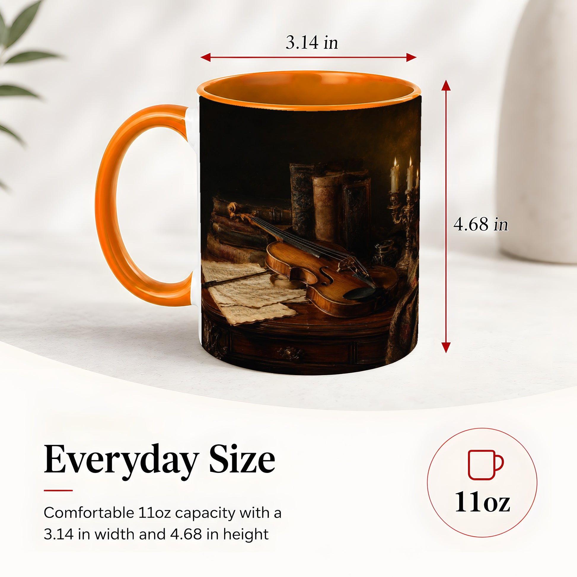 #pl[11oz|Orange] Violin Still Life Ceramic Mug, Candlelit Books and Sheet Music