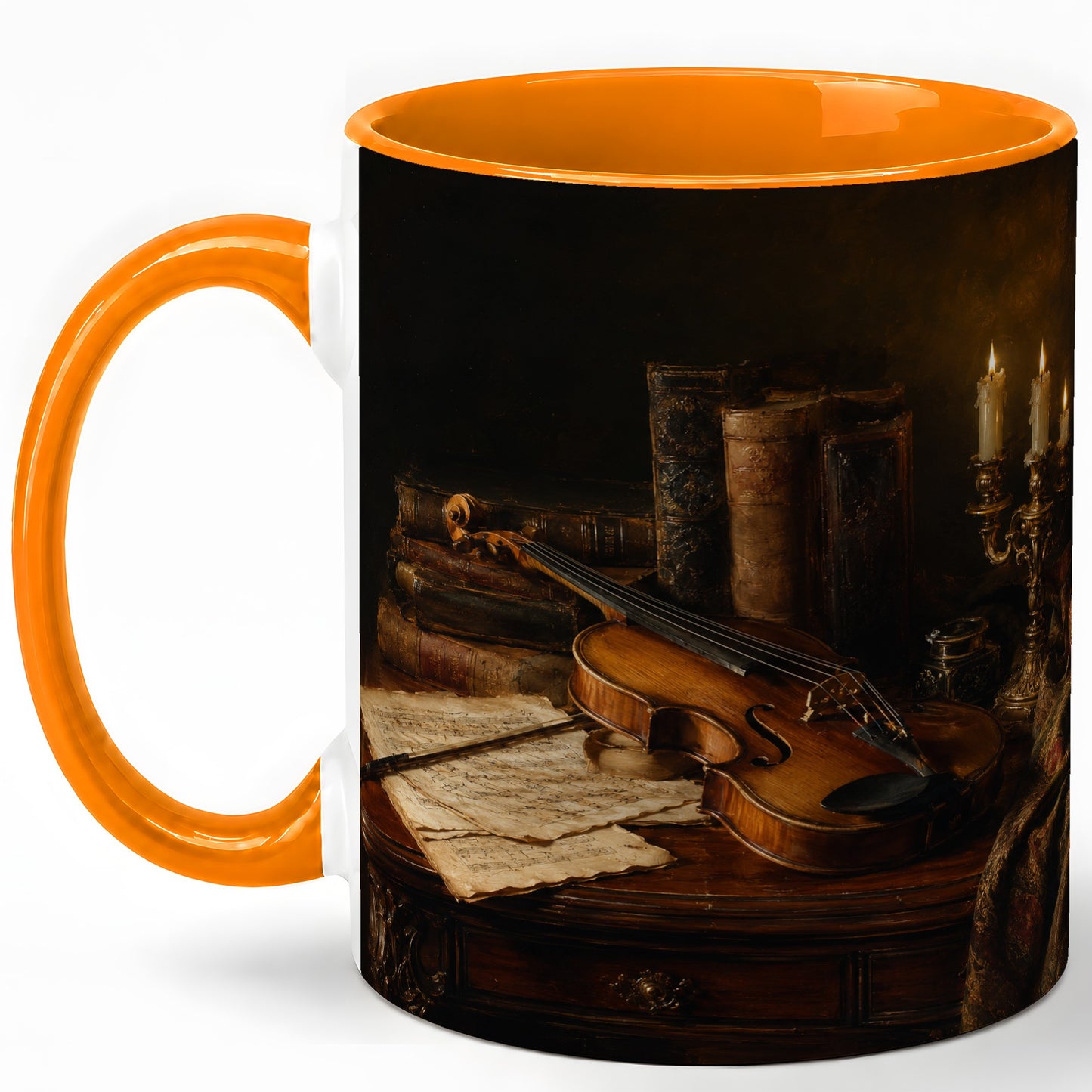 #pl[11oz|Orange] Violin Still Life Ceramic Mug, Candlelit Books and Sheet Music
