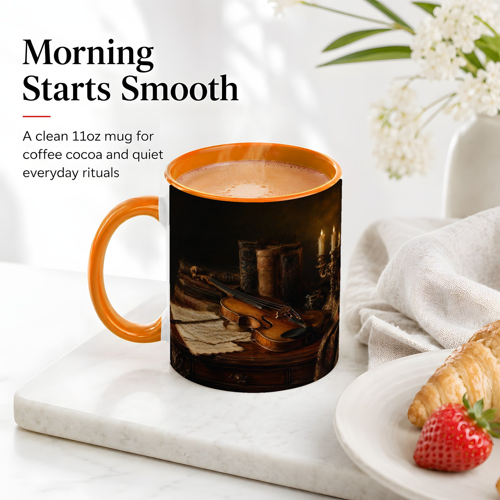 #pl[11oz|Orange] Violin Still Life Ceramic Mug, Candlelit Books and Sheet Music