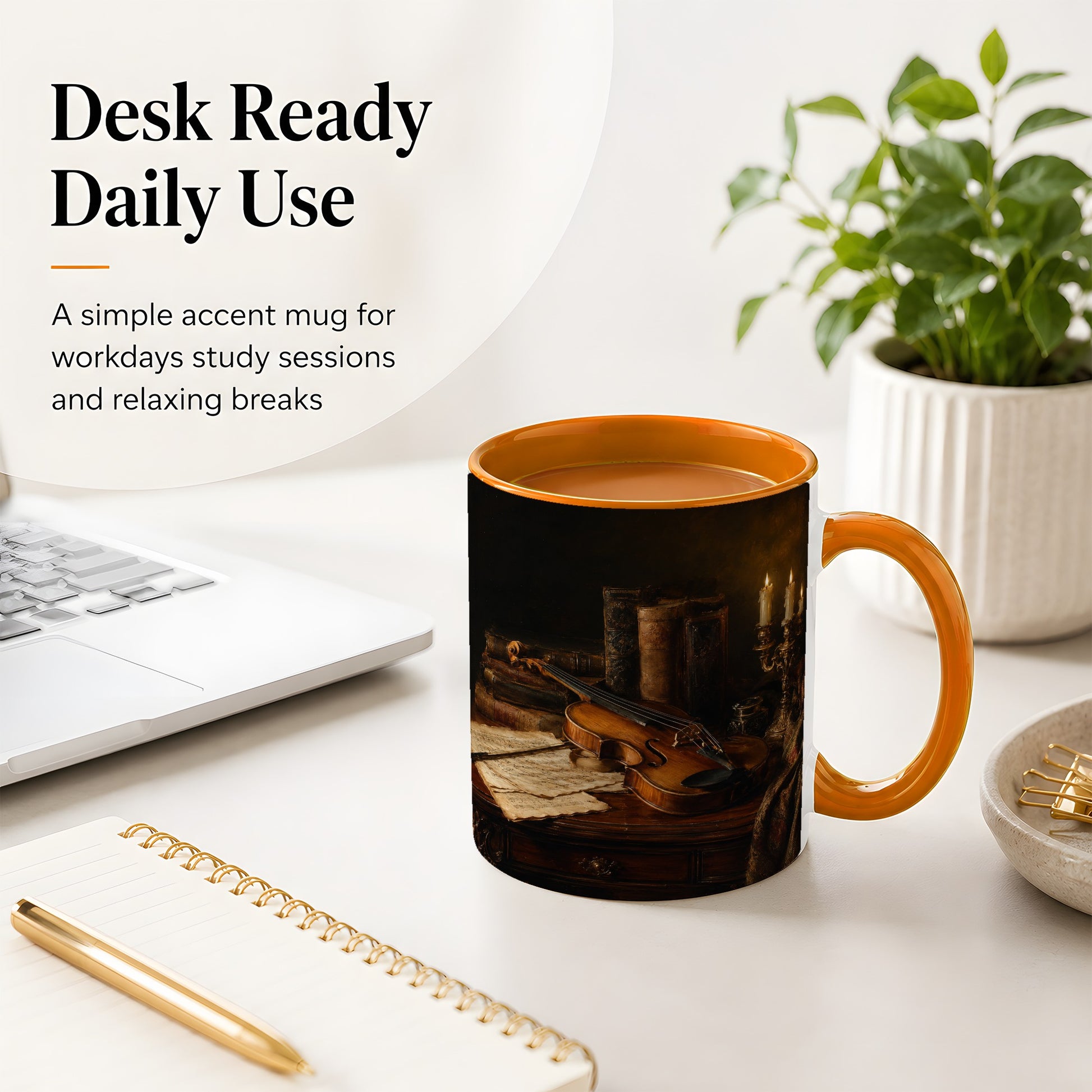 #pl[11oz|Orange] Violin Still Life Ceramic Mug, Candlelit Books and Sheet Music