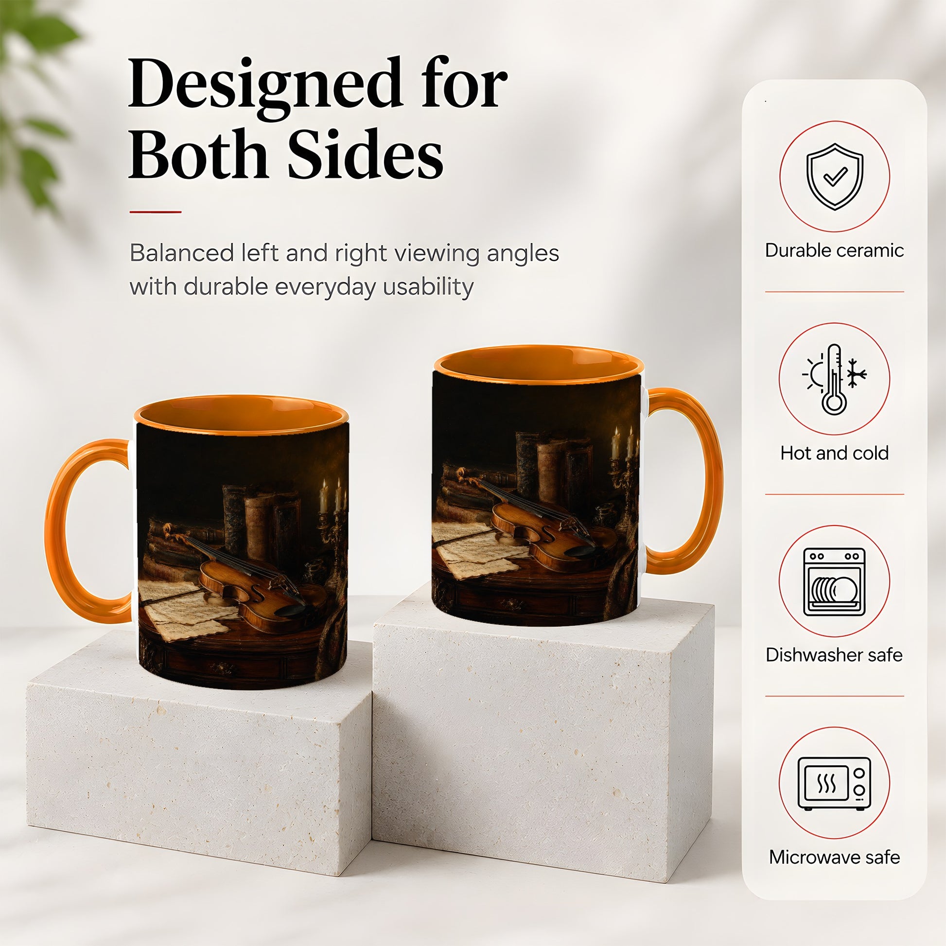 #pl[11oz|Orange] Violin Still Life Ceramic Mug, Candlelit Books and Sheet Music