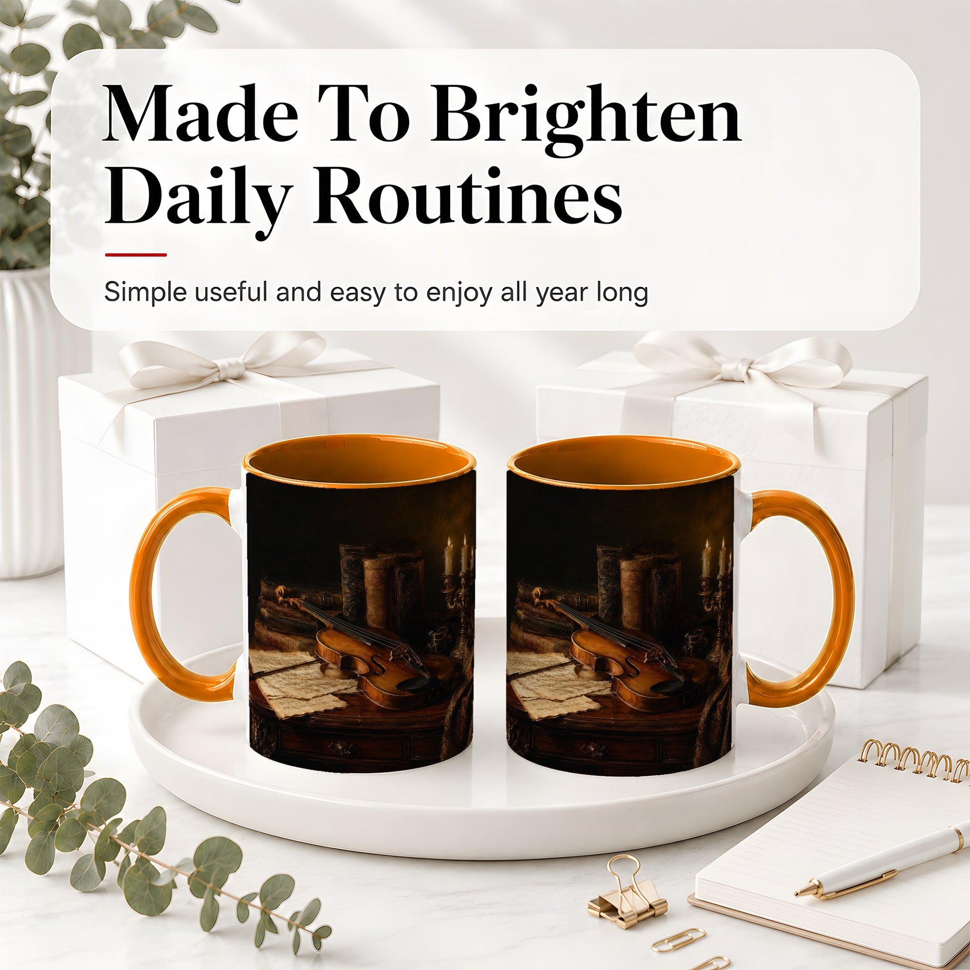 #pl[11oz|Orange] Violin Still Life Ceramic Mug, Candlelit Books and Sheet Music