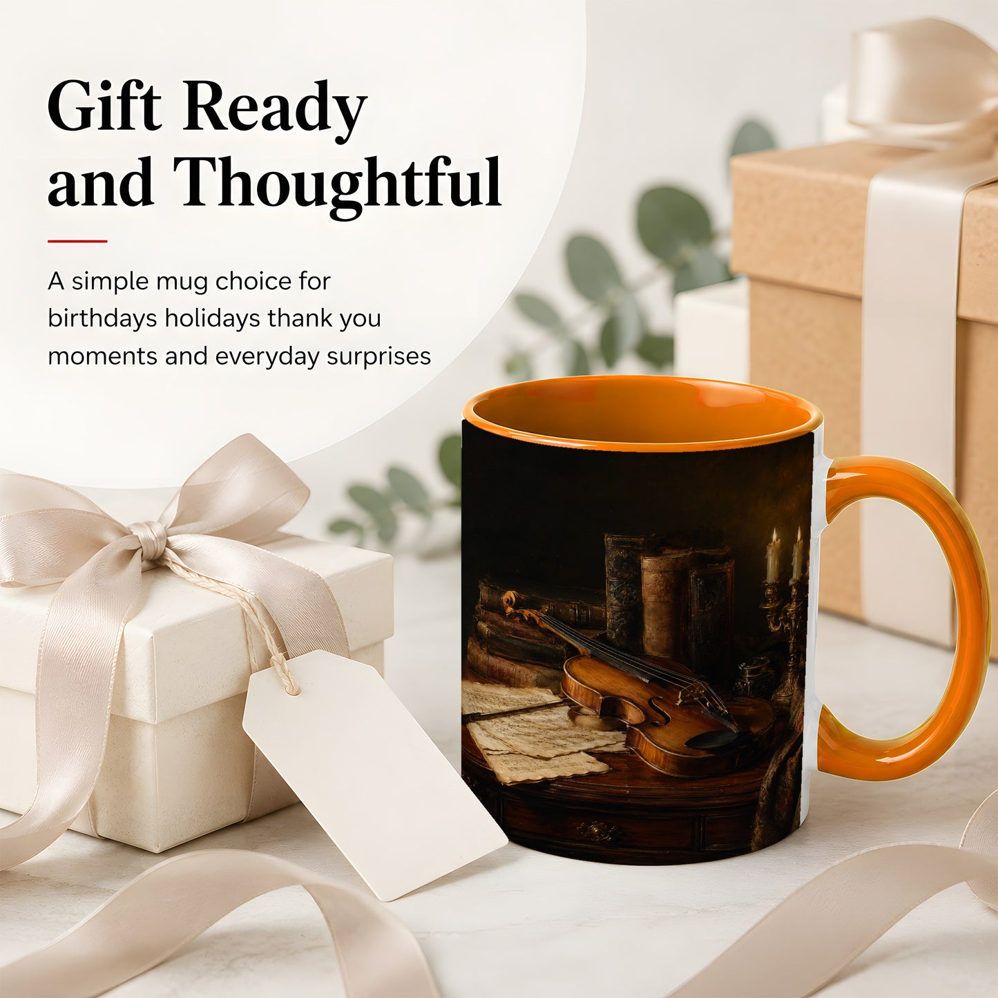 #pl[11oz|Orange] Violin Still Life Ceramic Mug, Candlelit Books and Sheet Music