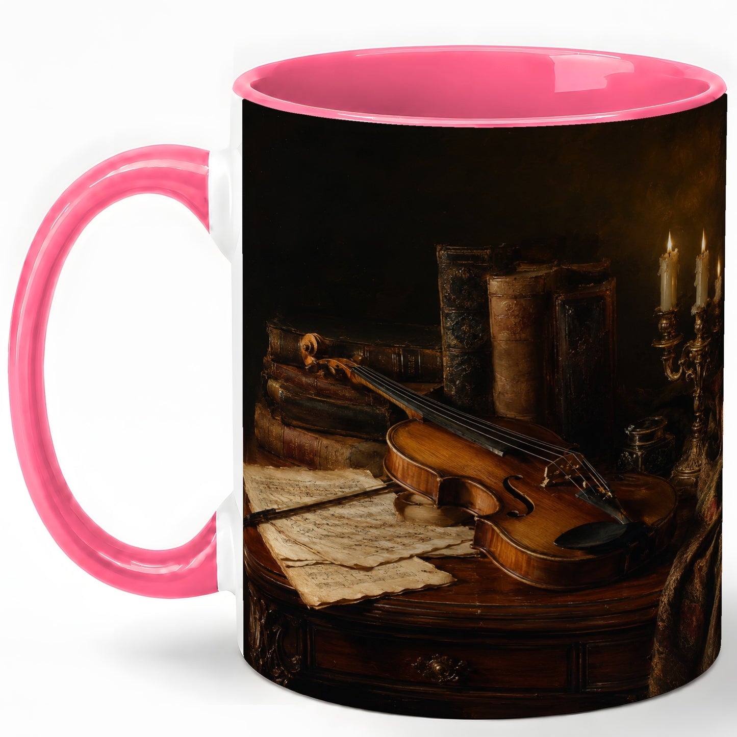 #pl[11oz|Pink] Violin Still Life Ceramic Mug, Candlelit Books and Sheet Music