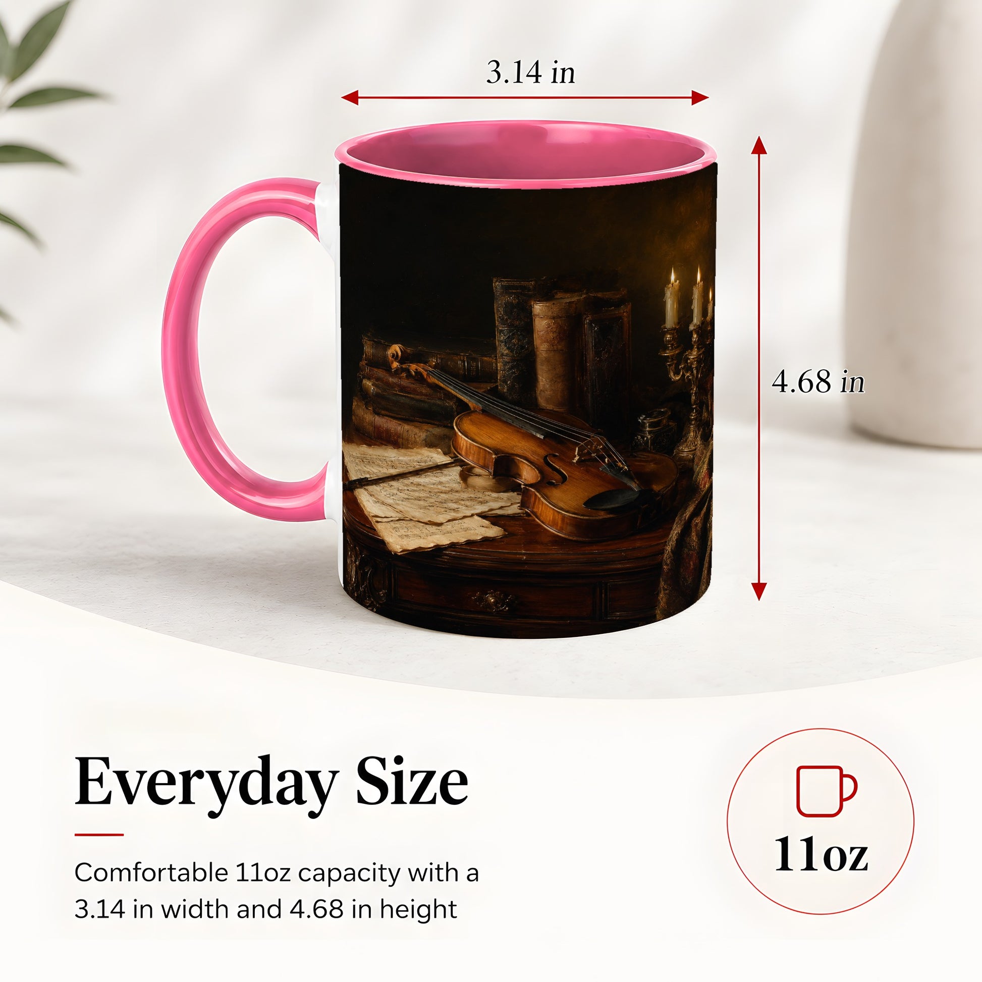 #pl[11oz|Pink] Violin Still Life Ceramic Mug, Candlelit Books and Sheet Music