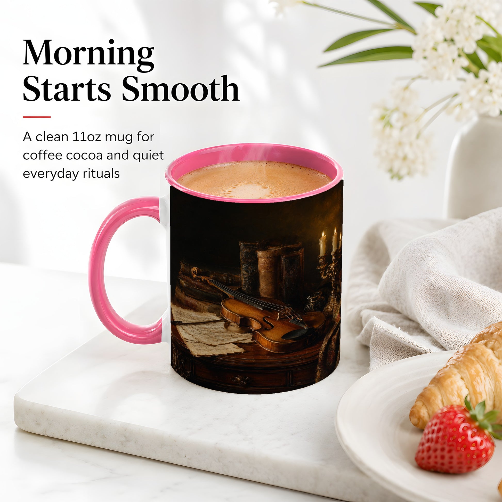 #pl[11oz|Pink] Violin Still Life Ceramic Mug, Candlelit Books and Sheet Music