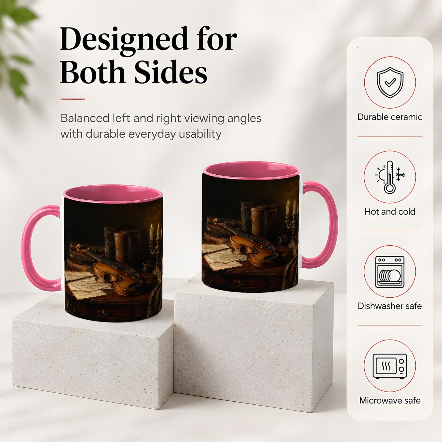 #pl[11oz|Pink] Violin Still Life Ceramic Mug, Candlelit Books and Sheet Music