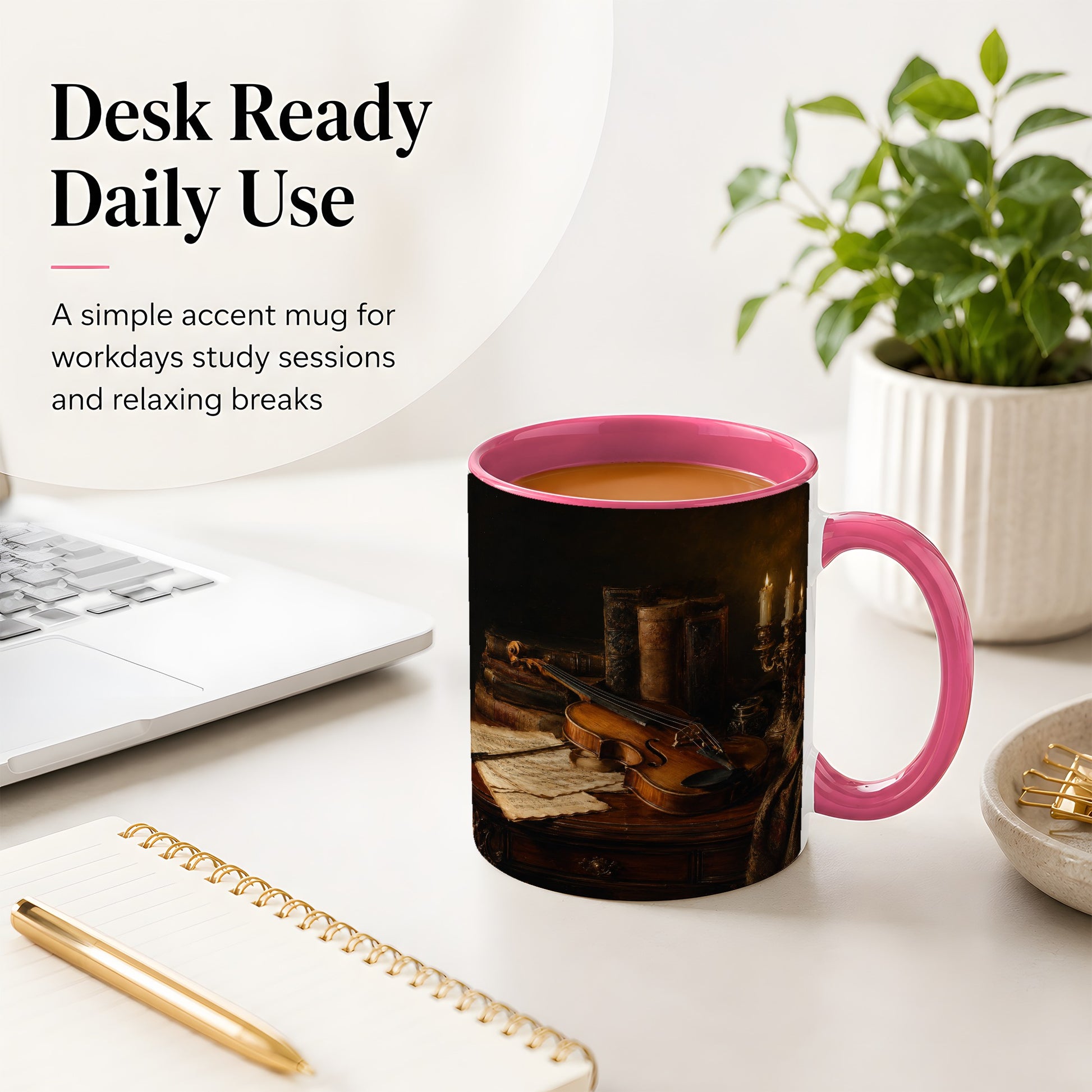 #pl[11oz|Pink] Violin Still Life Ceramic Mug, Candlelit Books and Sheet Music