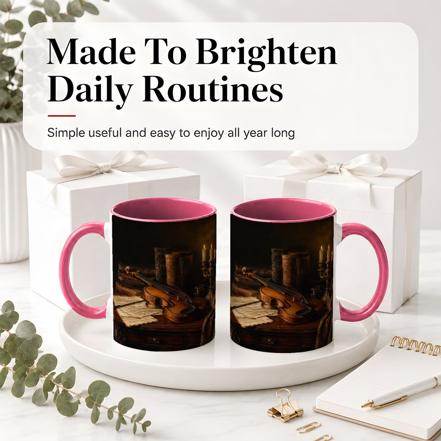 #pl[11oz|Pink] Violin Still Life Ceramic Mug, Candlelit Books and Sheet Music