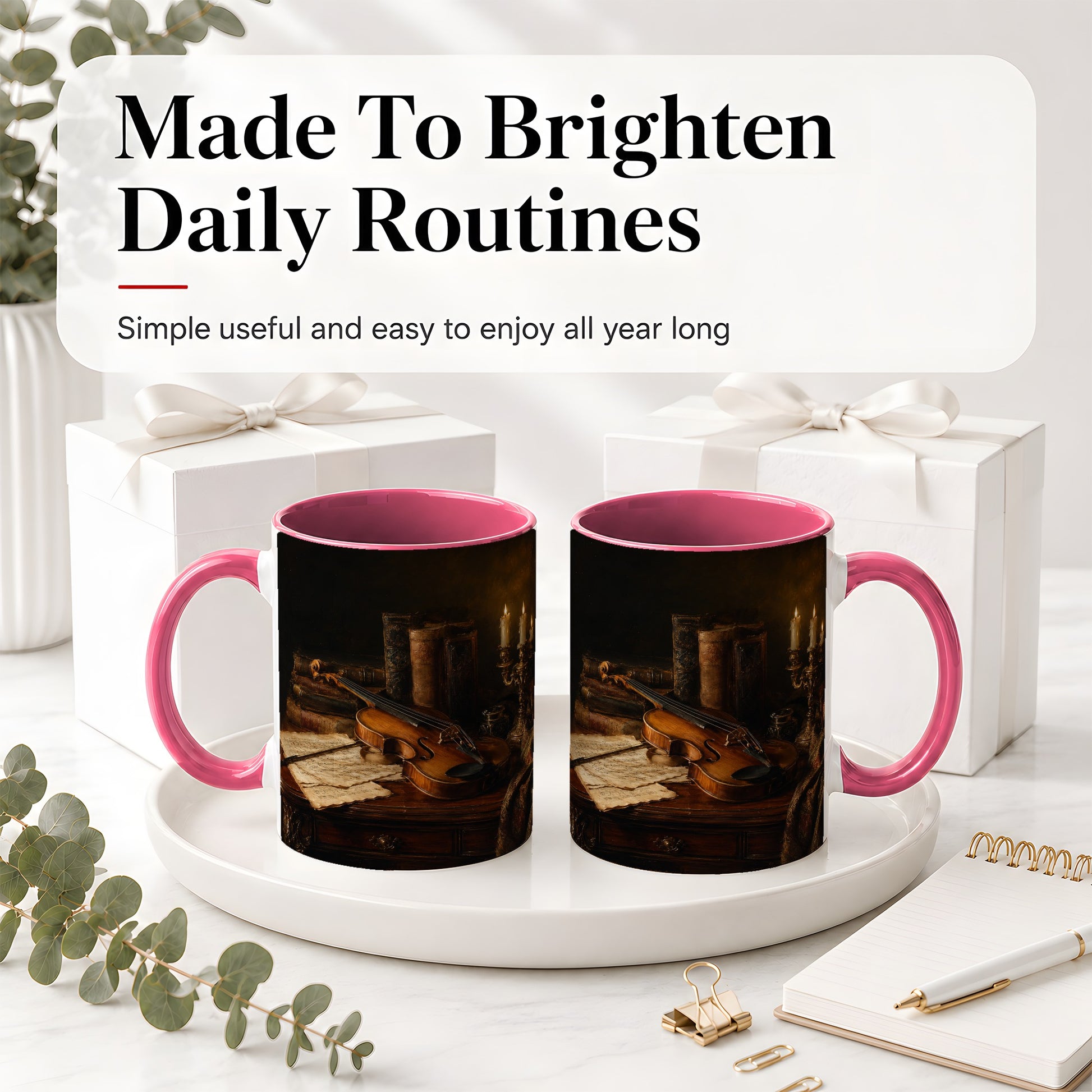 #pl[11oz|Pink] Violin Still Life Ceramic Mug, Candlelit Books and Sheet Music