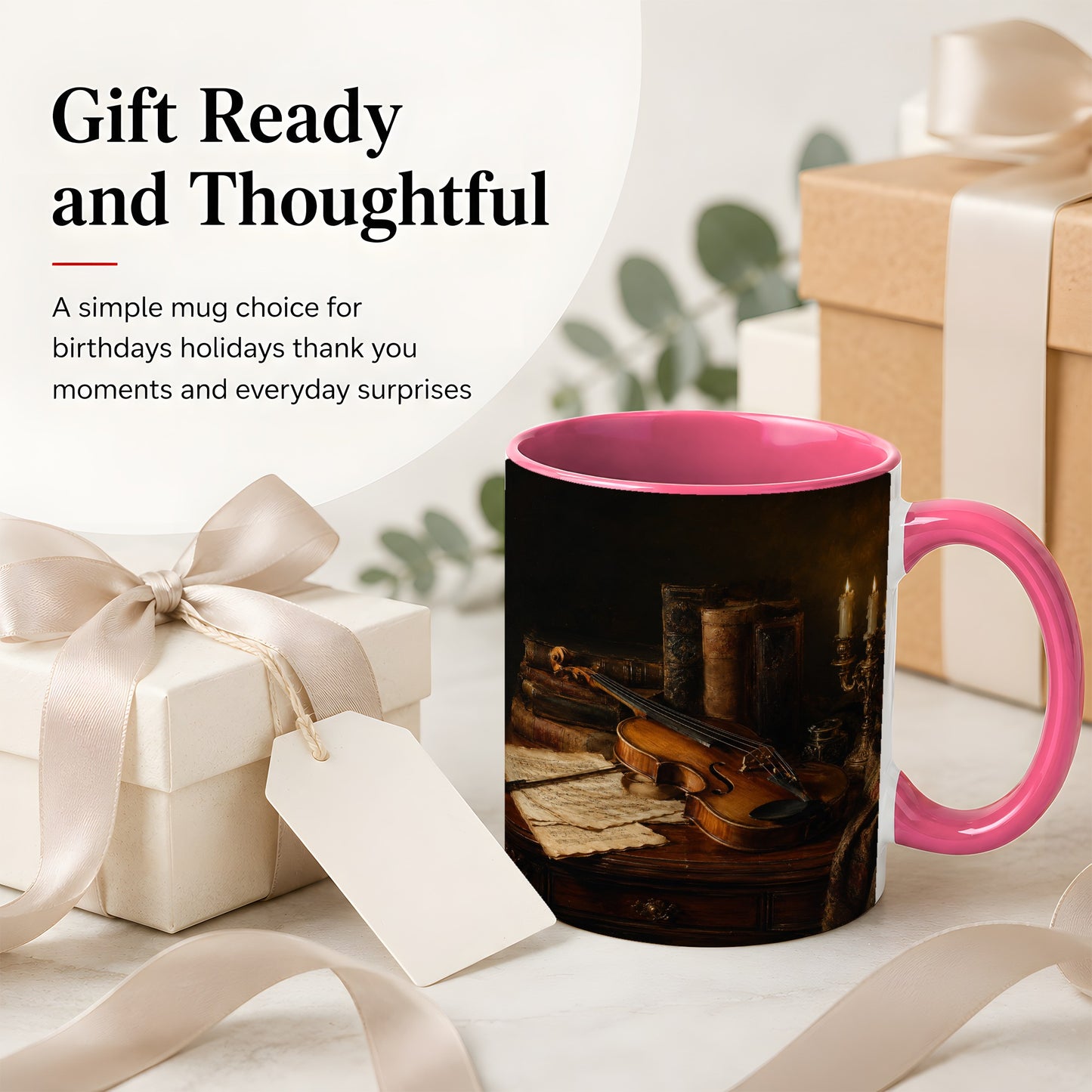 #pl[11oz|Pink] Violin Still Life Ceramic Mug, Candlelit Books and Sheet Music