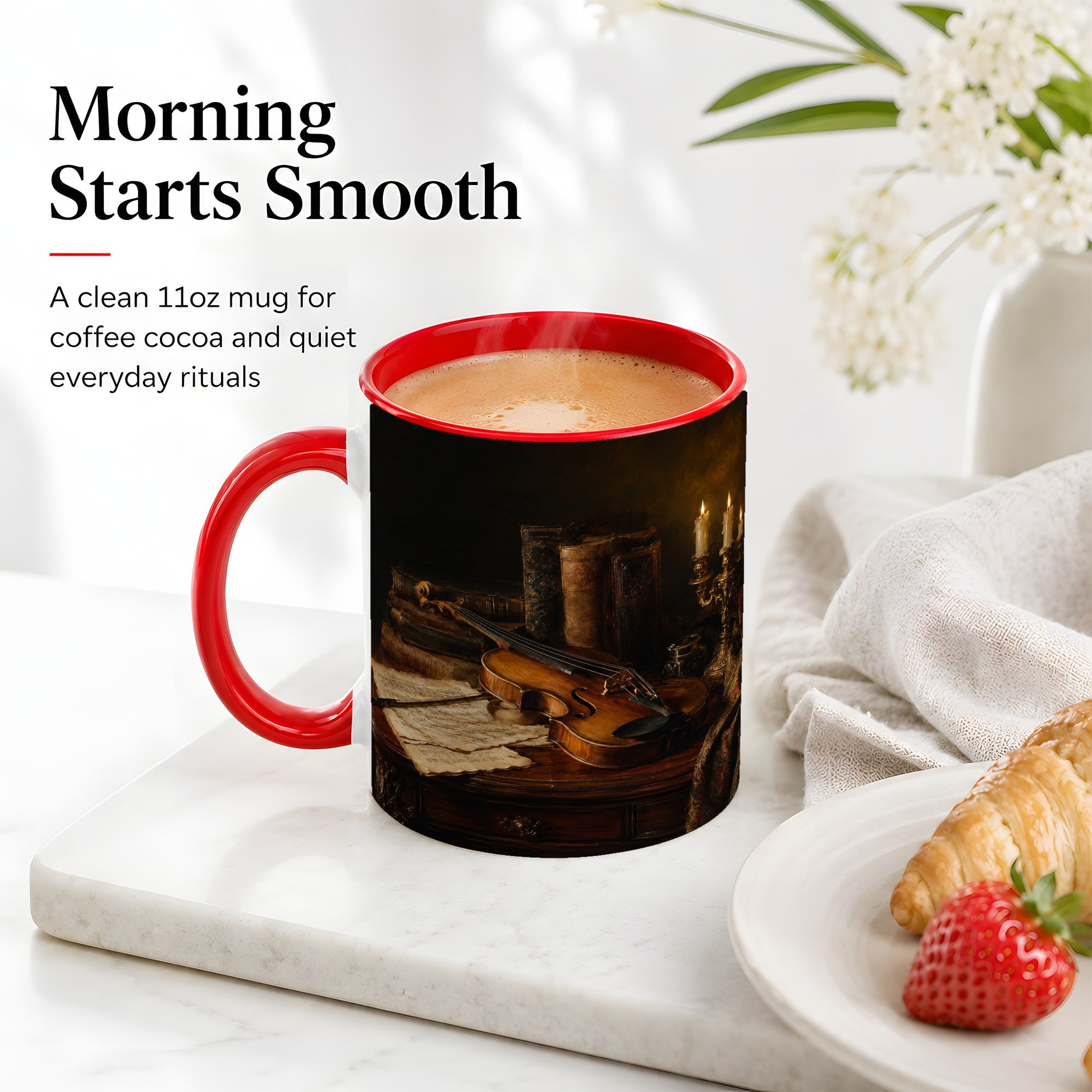 #pl[11oz|Red] Violin Still Life Ceramic Mug, Candlelit Books and Sheet Music