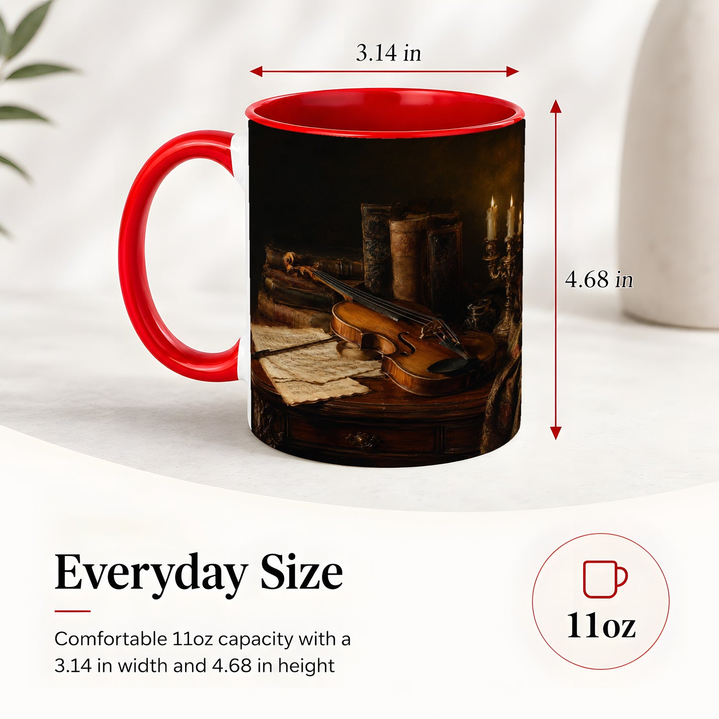 #pl[11oz|Red] Violin Still Life Ceramic Mug, Candlelit Books and Sheet Music