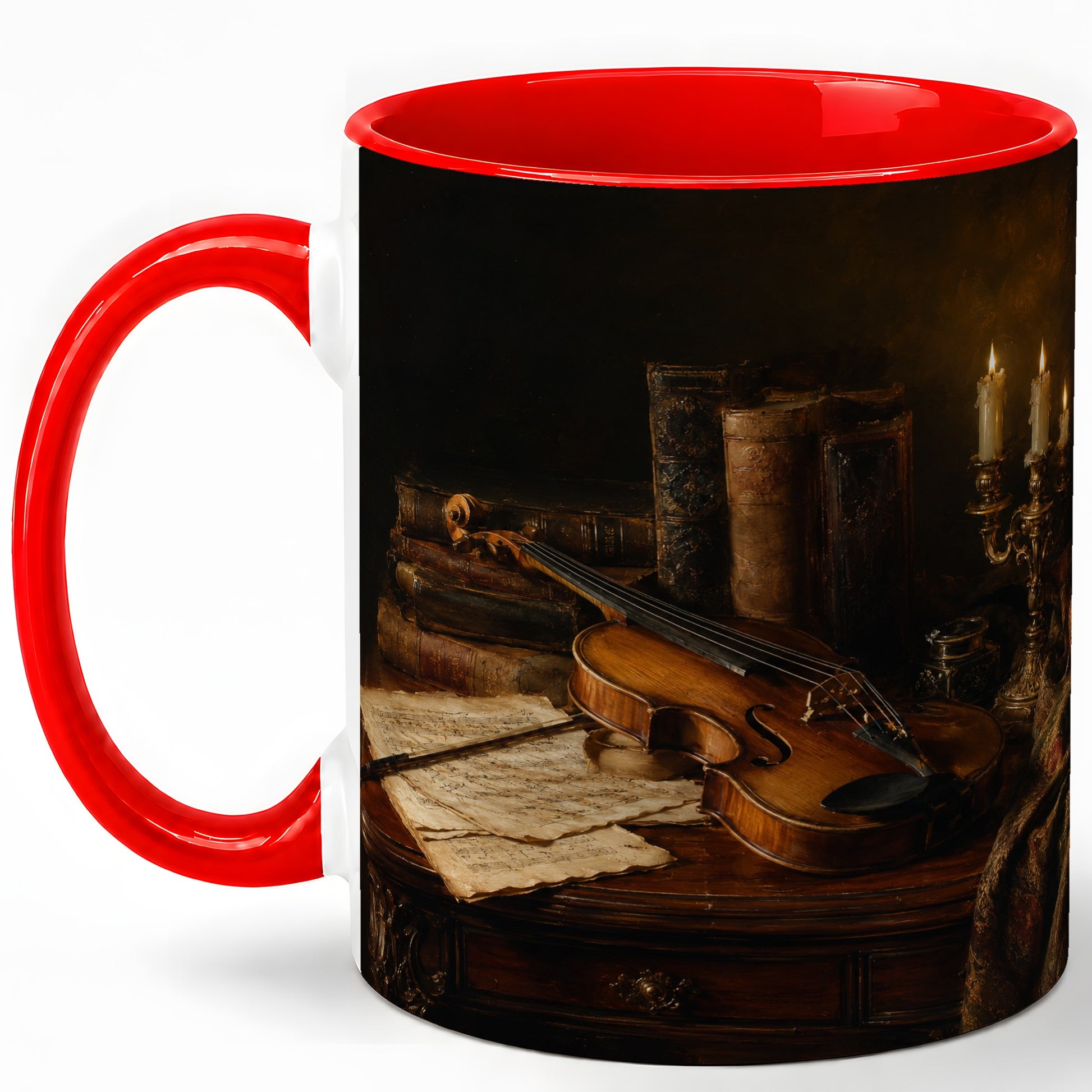 Violin Still Life Ceramic Mug, Candlelit Books and Sheet Music