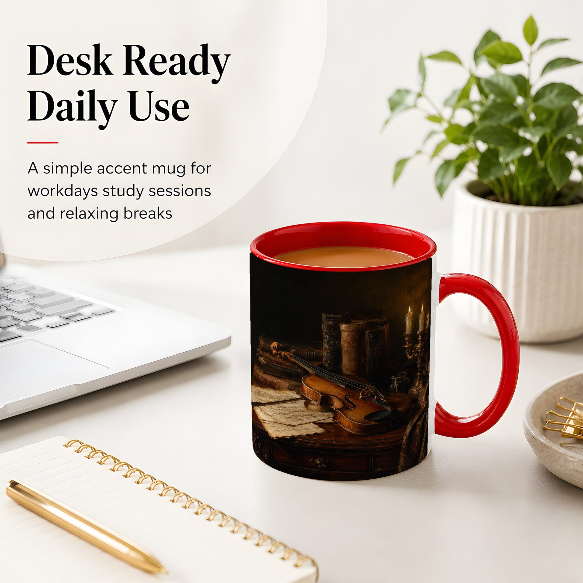 #pl[11oz|Red] Violin Still Life Ceramic Mug, Candlelit Books and Sheet Music