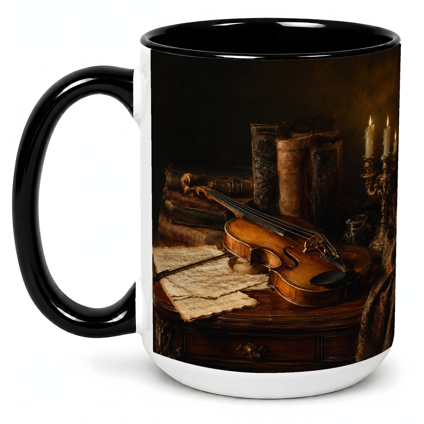 #pl[15oz|Black] Violin Still Life Ceramic Mug, Candlelit Books and Sheet Music