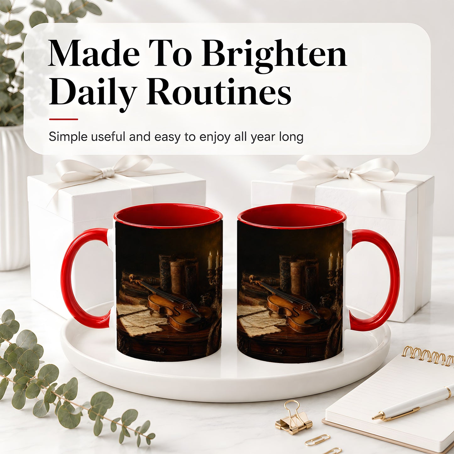 #pl[11oz|Red] Violin Still Life Ceramic Mug, Candlelit Books and Sheet Music