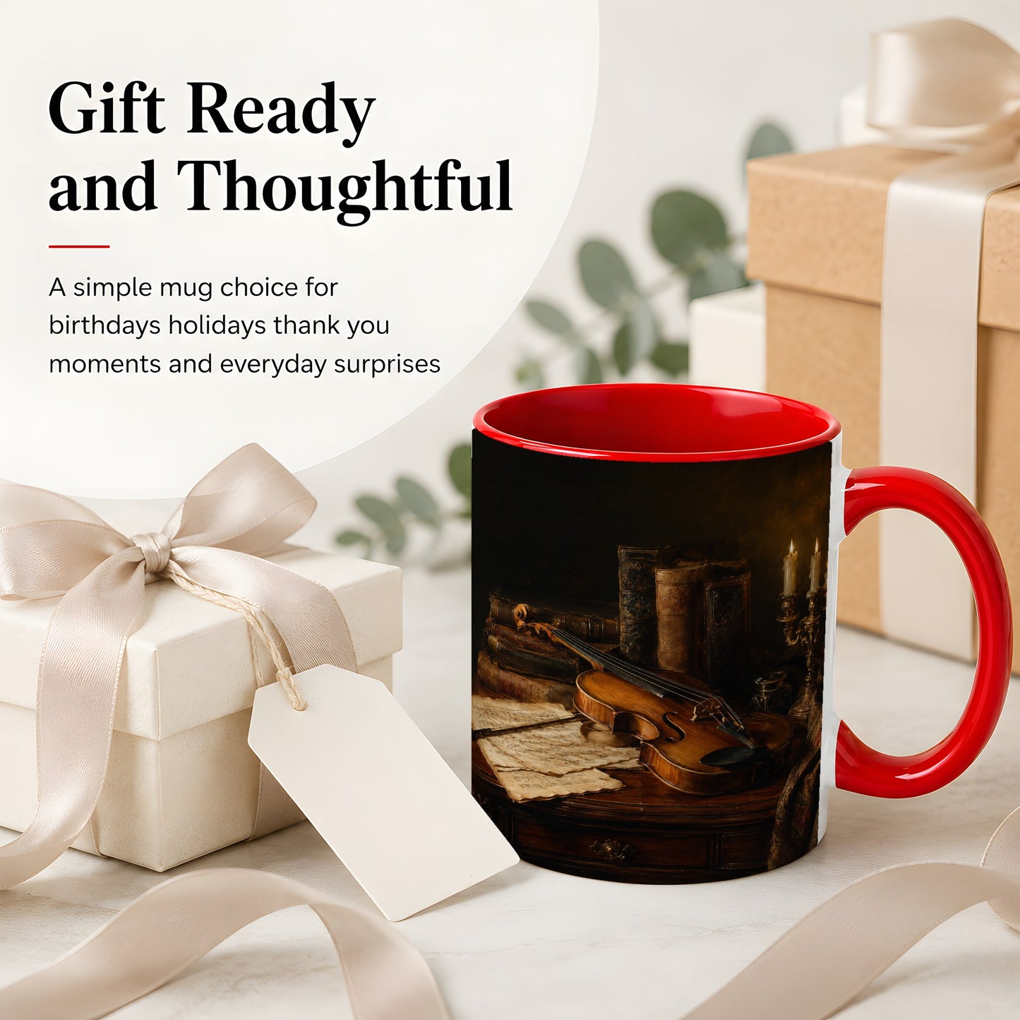 #pl[11oz|Red] Violin Still Life Ceramic Mug, Candlelit Books and Sheet Music