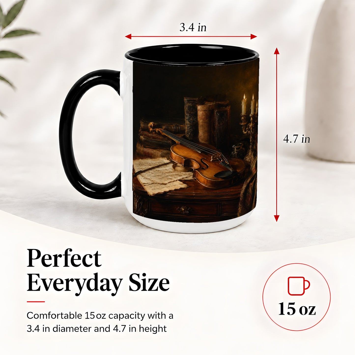 #pl[15oz|Black] Violin Still Life Ceramic Mug, Candlelit Books and Sheet Music