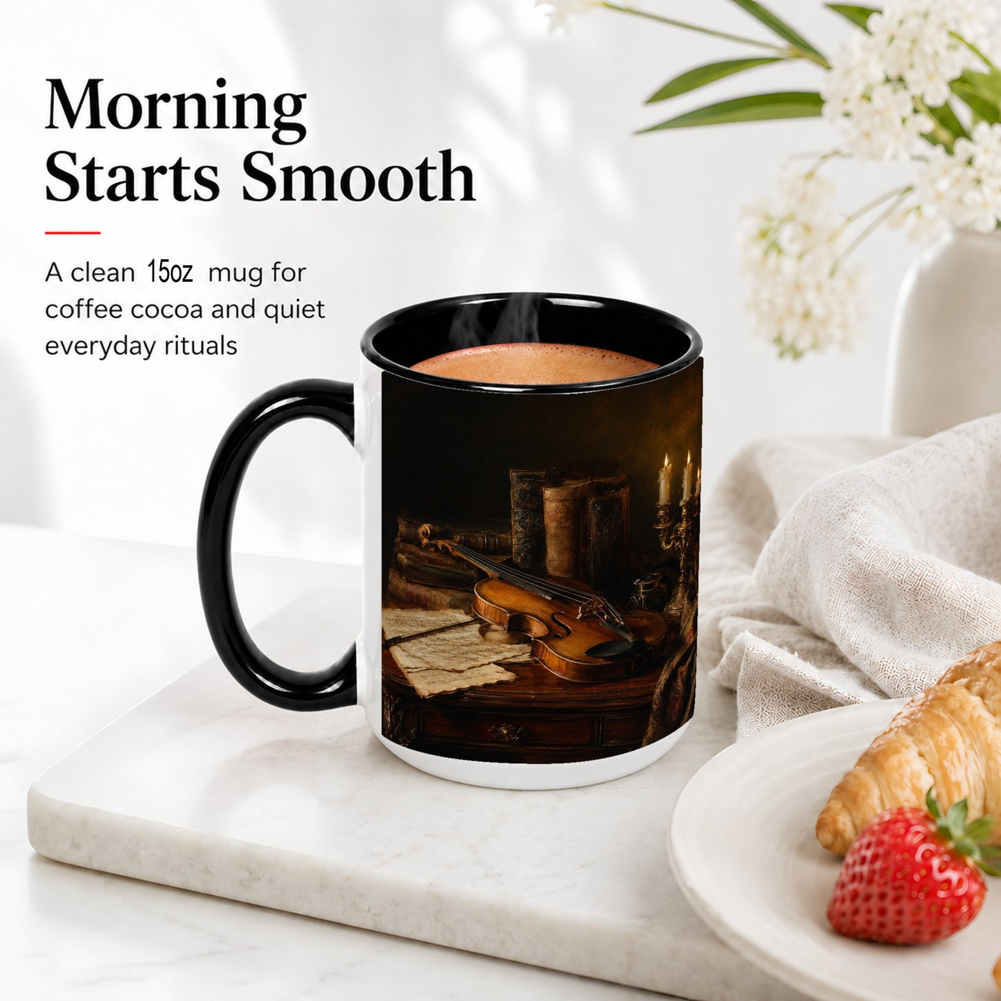 #pl[15oz|Black] Violin Still Life Ceramic Mug, Candlelit Books and Sheet Music