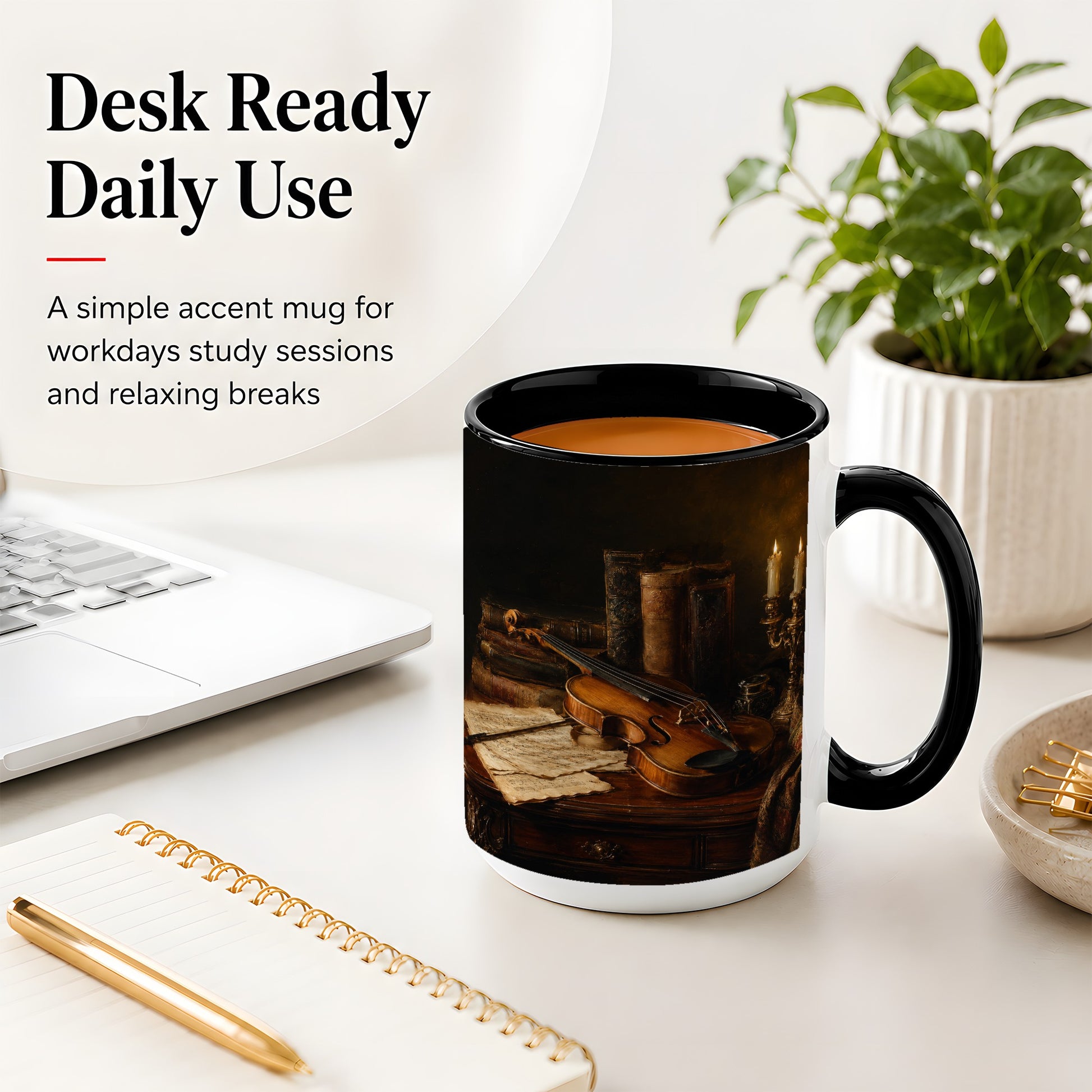#pl[15oz|Black] Violin Still Life Ceramic Mug, Candlelit Books and Sheet Music