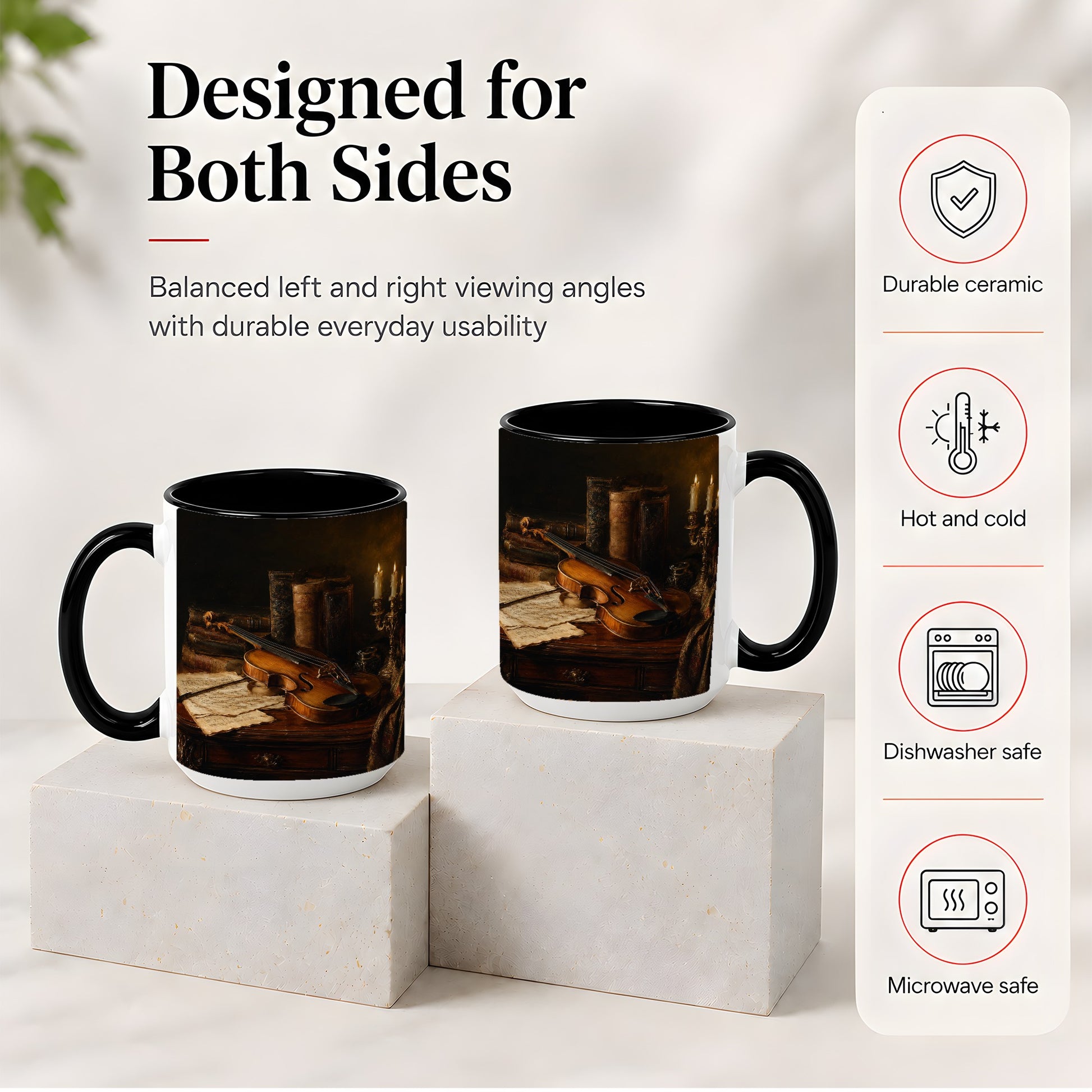 #pl[15oz|Black] Violin Still Life Ceramic Mug, Candlelit Books and Sheet Music