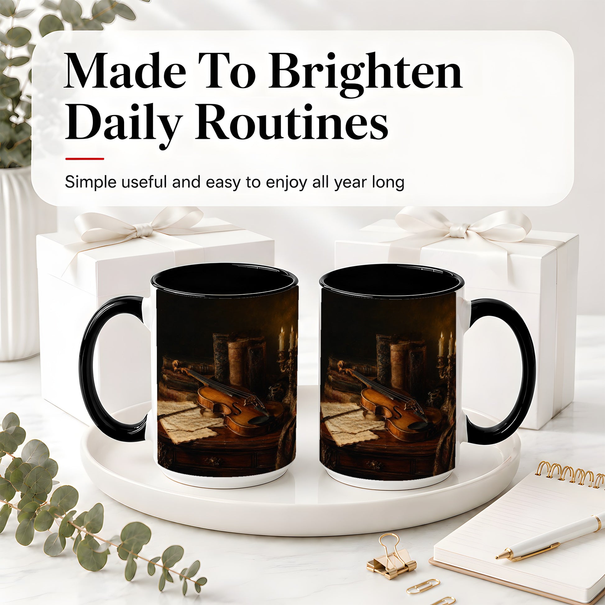 #pl[15oz|Black] Violin Still Life Ceramic Mug, Candlelit Books and Sheet Music
