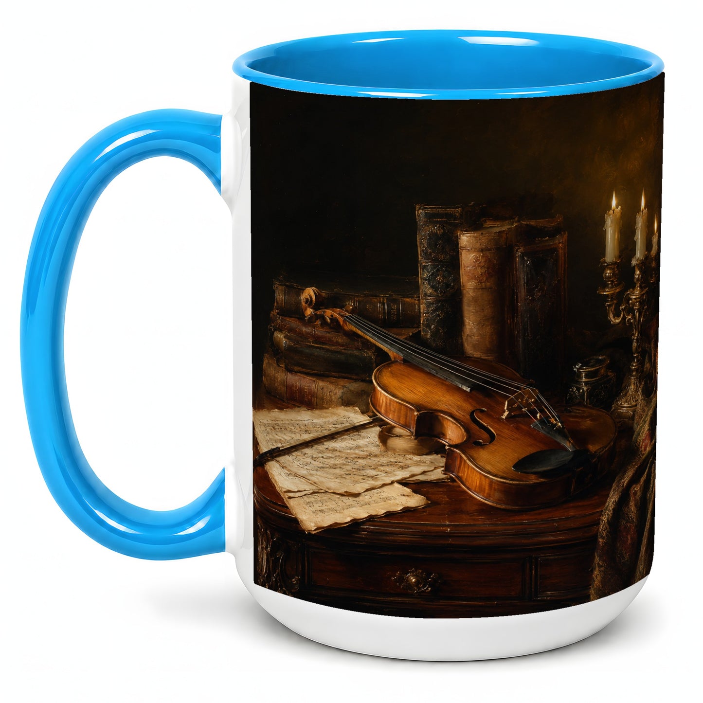 #pl[15oz|Blue] Violin Still Life Ceramic Mug, Candlelit Books and Sheet Music