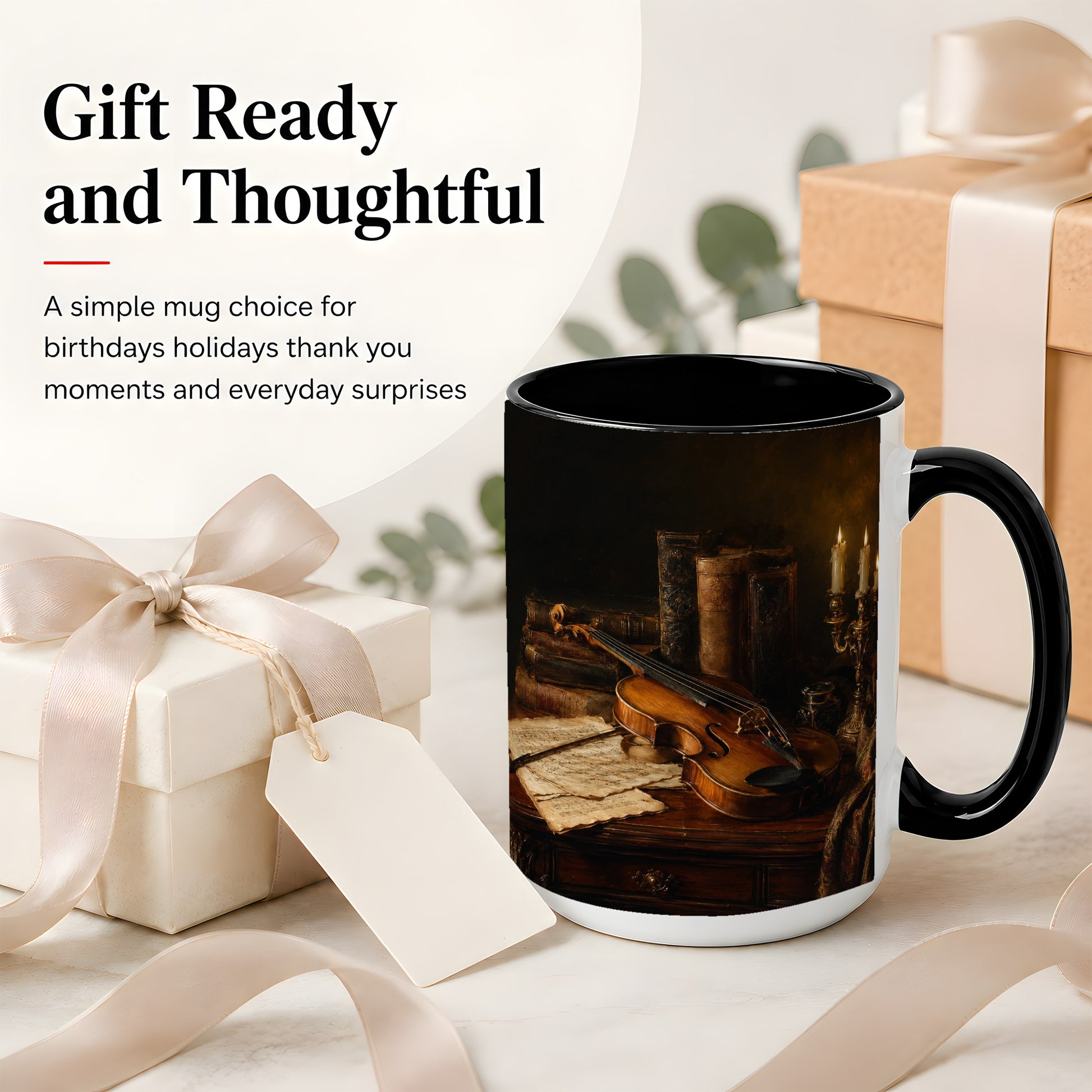 #pl[15oz|Black] Violin Still Life Ceramic Mug, Candlelit Books and Sheet Music