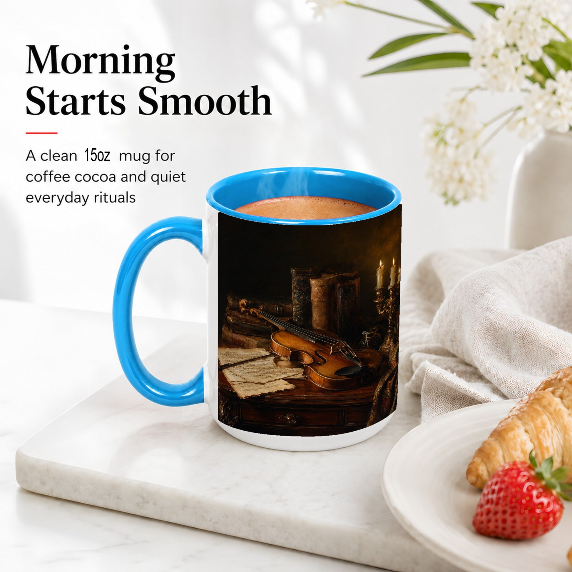 #pl[15oz|Blue] Violin Still Life Ceramic Mug, Candlelit Books and Sheet Music