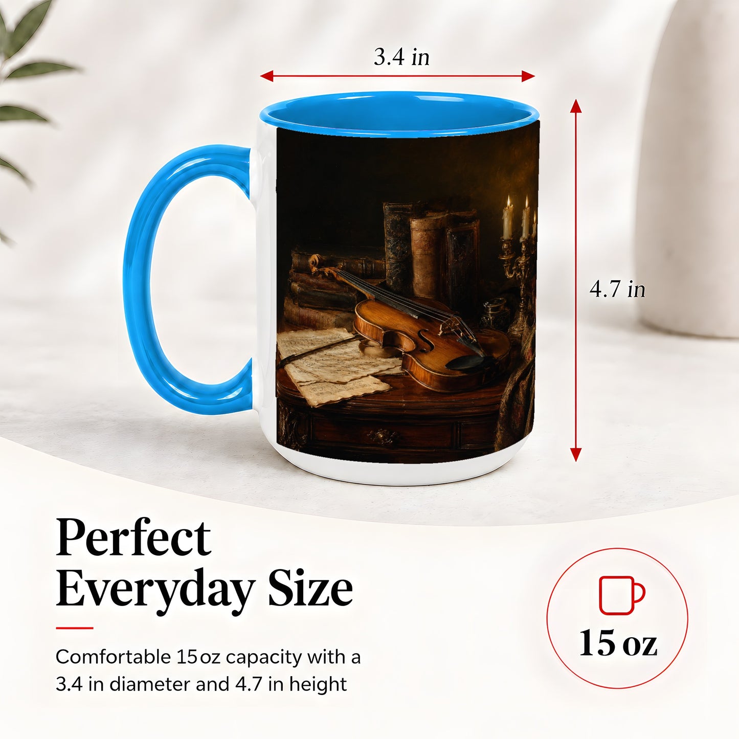 #pl[15oz|Blue] Violin Still Life Ceramic Mug, Candlelit Books and Sheet Music