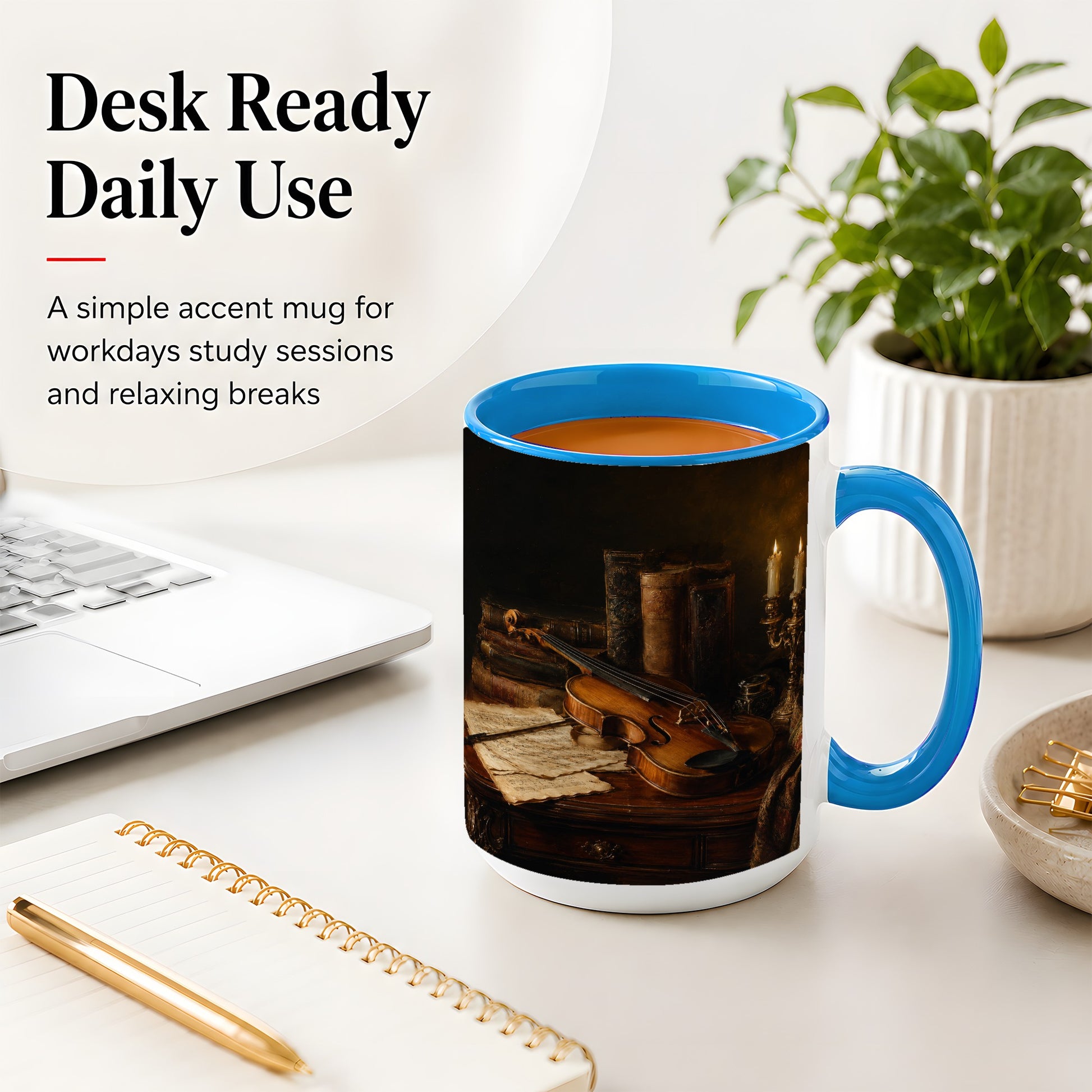 #pl[15oz|Blue] Violin Still Life Ceramic Mug, Candlelit Books and Sheet Music