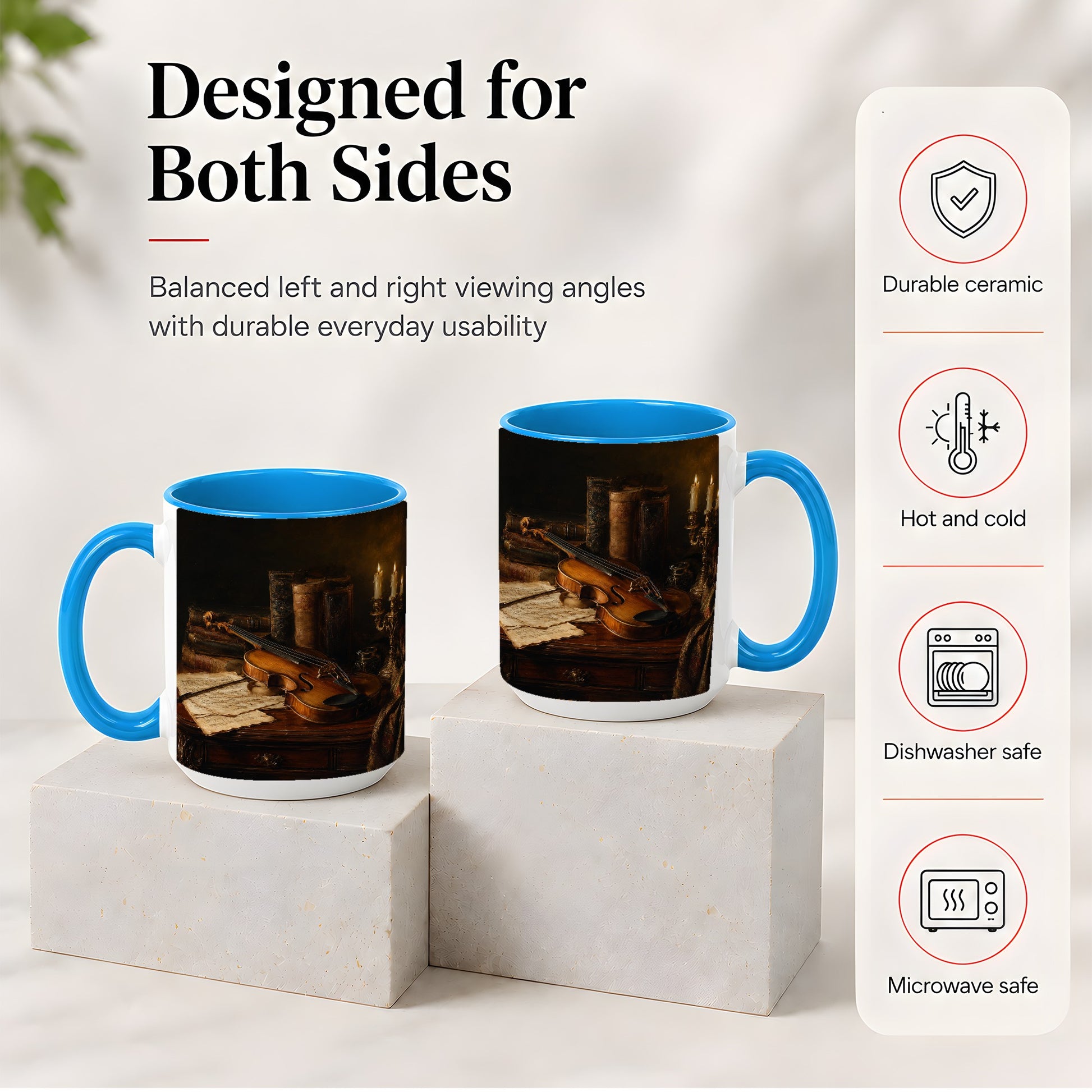 #pl[15oz|Blue] Violin Still Life Ceramic Mug, Candlelit Books and Sheet Music