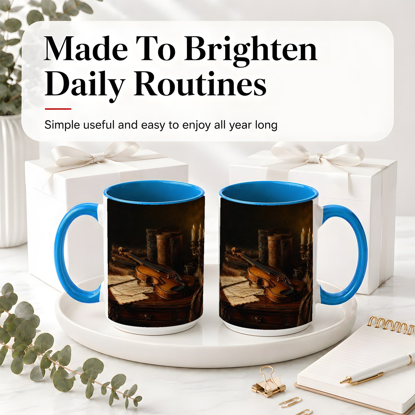 #pl[15oz|Blue] Violin Still Life Ceramic Mug, Candlelit Books and Sheet Music