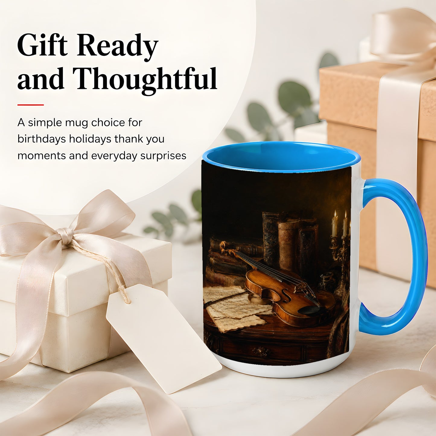 #pl[15oz|Blue] Violin Still Life Ceramic Mug, Candlelit Books and Sheet Music