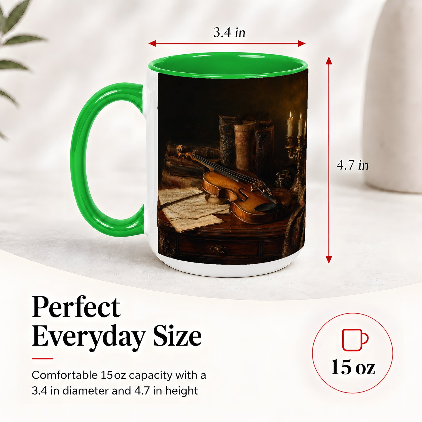 #pl[15oz|Green] Violin Still Life Ceramic Mug, Candlelit Books and Sheet Music
