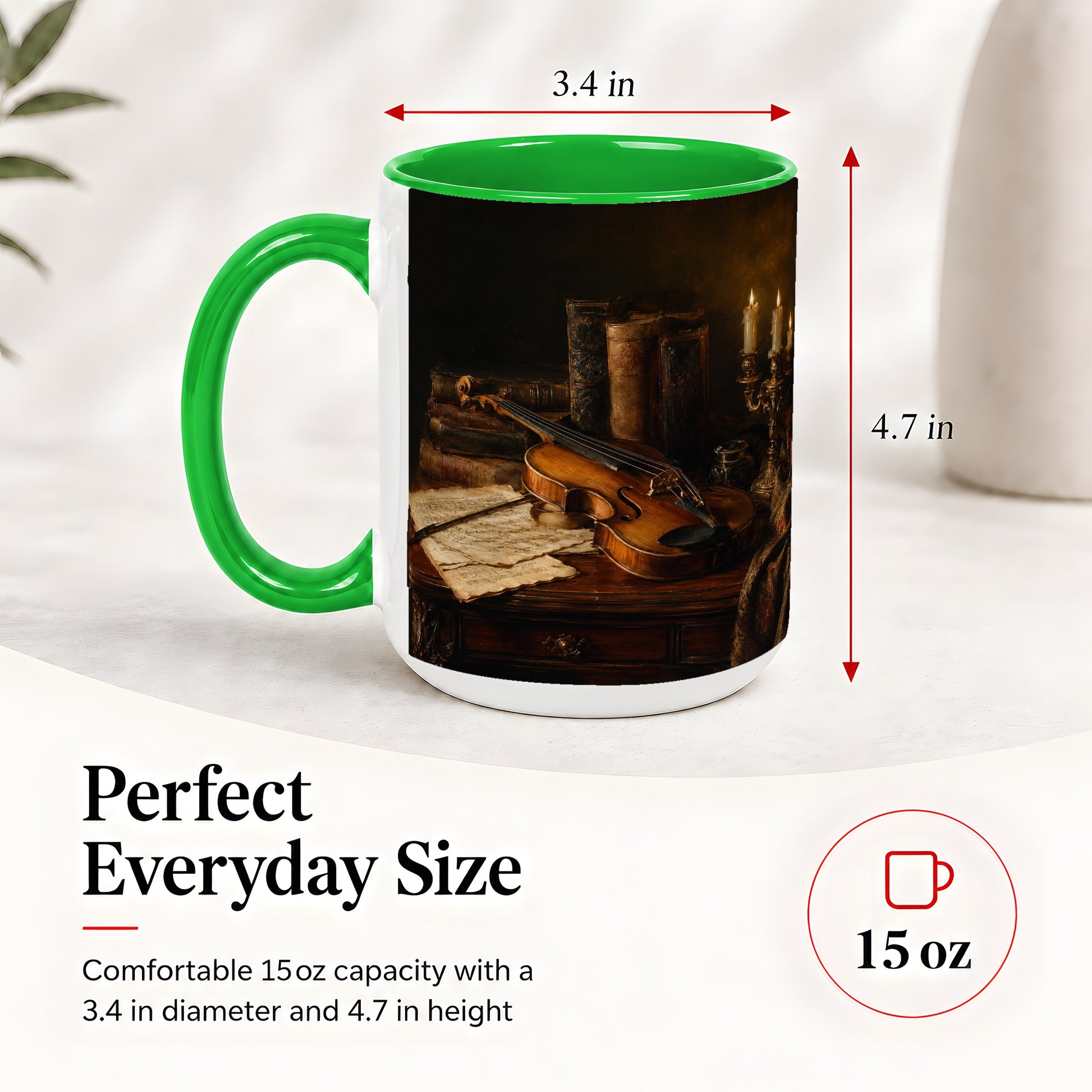 #pl[15oz|Green] Violin Still Life Ceramic Mug, Candlelit Books and Sheet Music