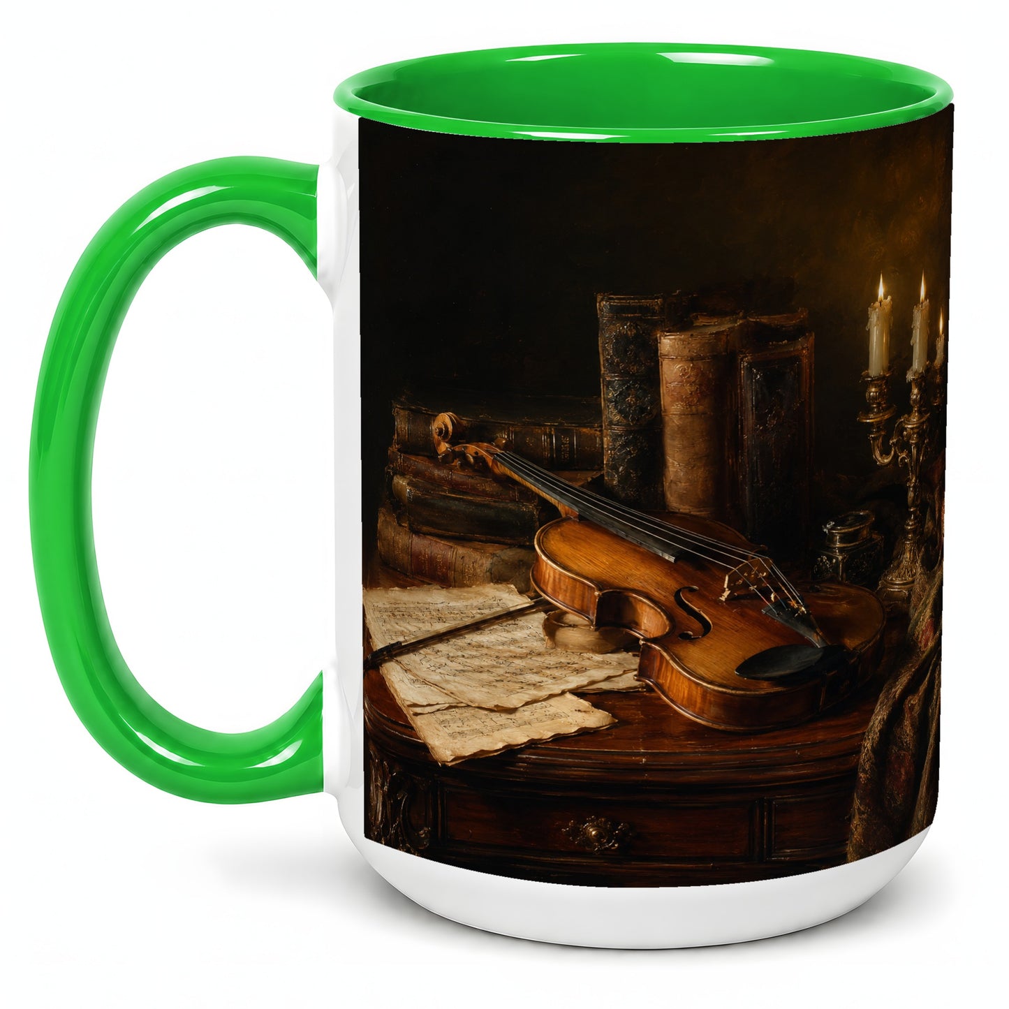 #pl[15oz|Green] Violin Still Life Ceramic Mug, Candlelit Books and Sheet Music