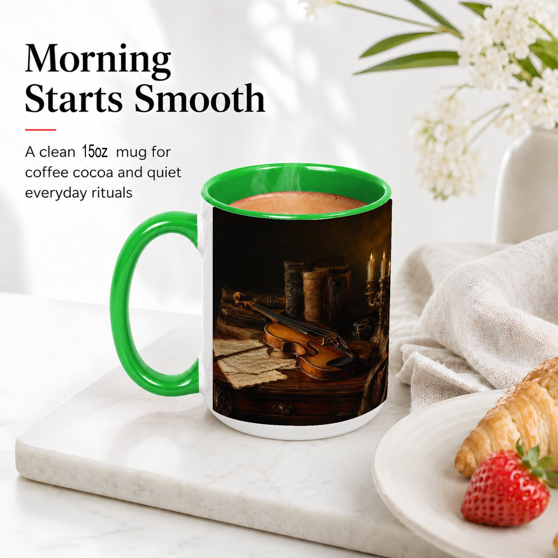 #pl[15oz|Green] Violin Still Life Ceramic Mug, Candlelit Books and Sheet Music