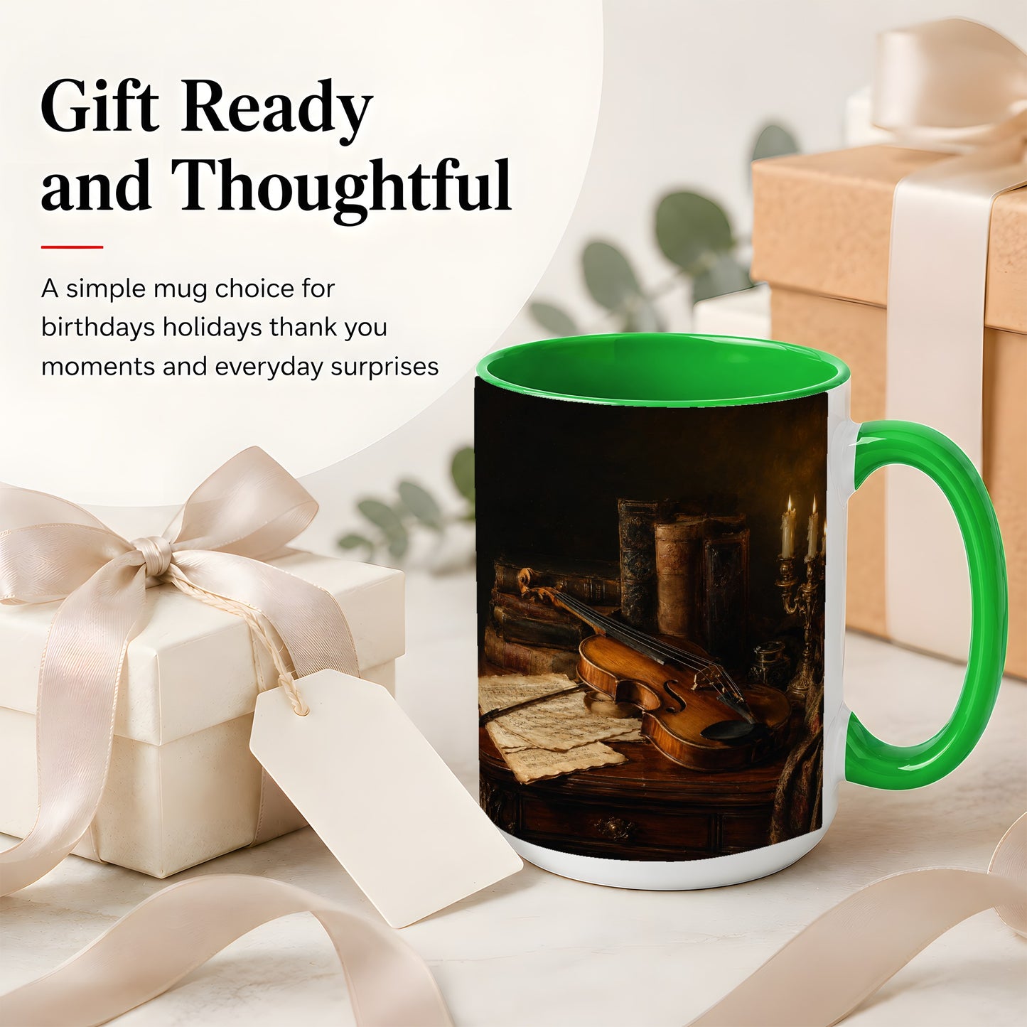 #pl[15oz|Green] Violin Still Life Ceramic Mug, Candlelit Books and Sheet Music