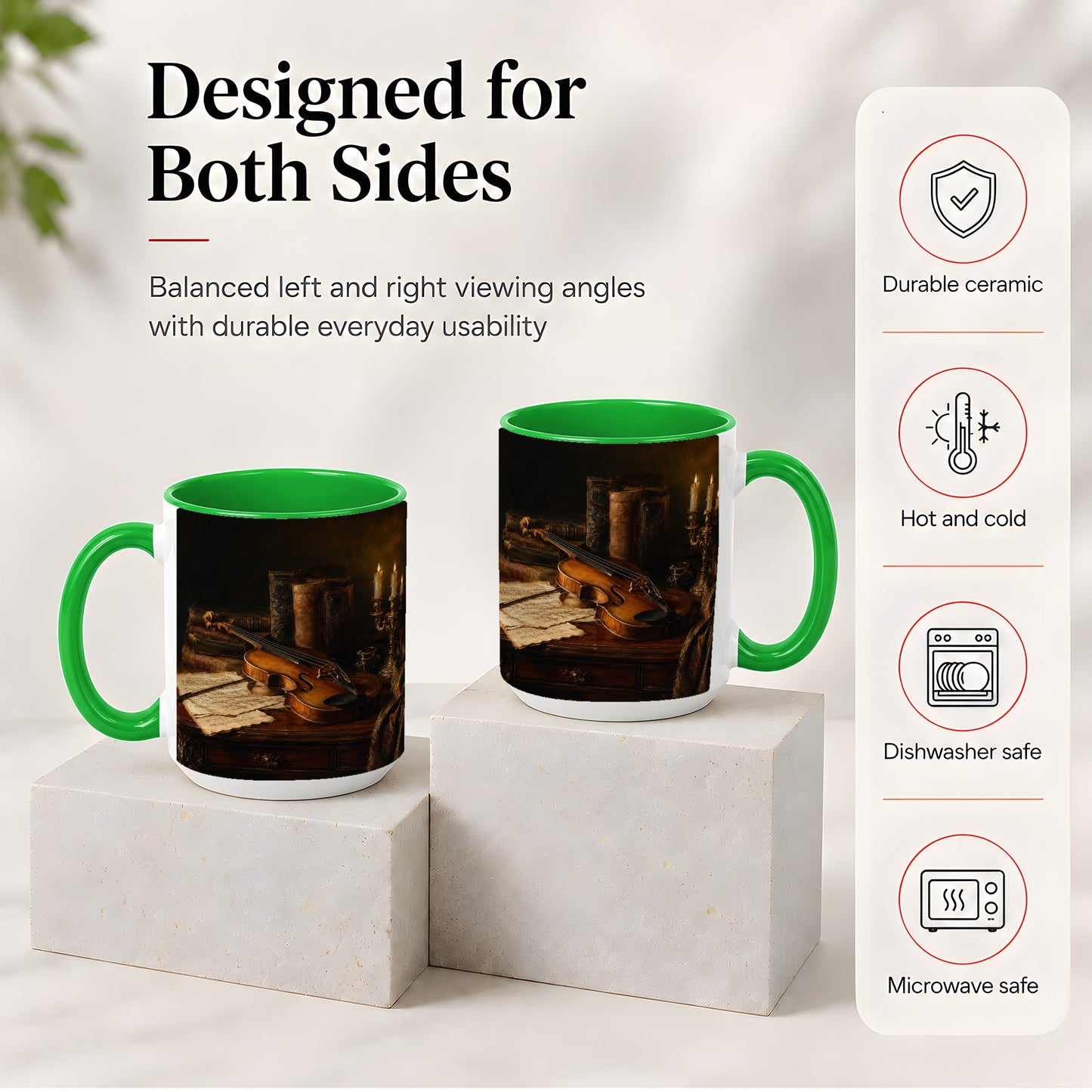 #pl[15oz|Green] Violin Still Life Ceramic Mug, Candlelit Books and Sheet Music