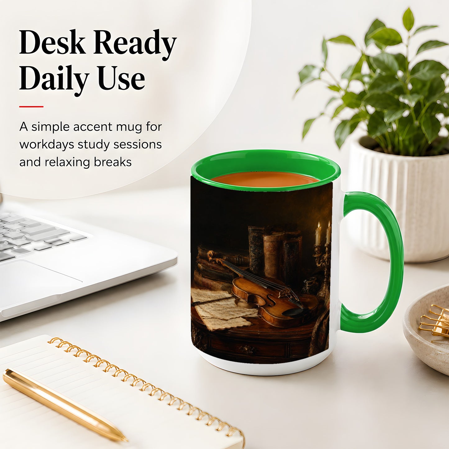 #pl[15oz|Green] Violin Still Life Ceramic Mug, Candlelit Books and Sheet Music