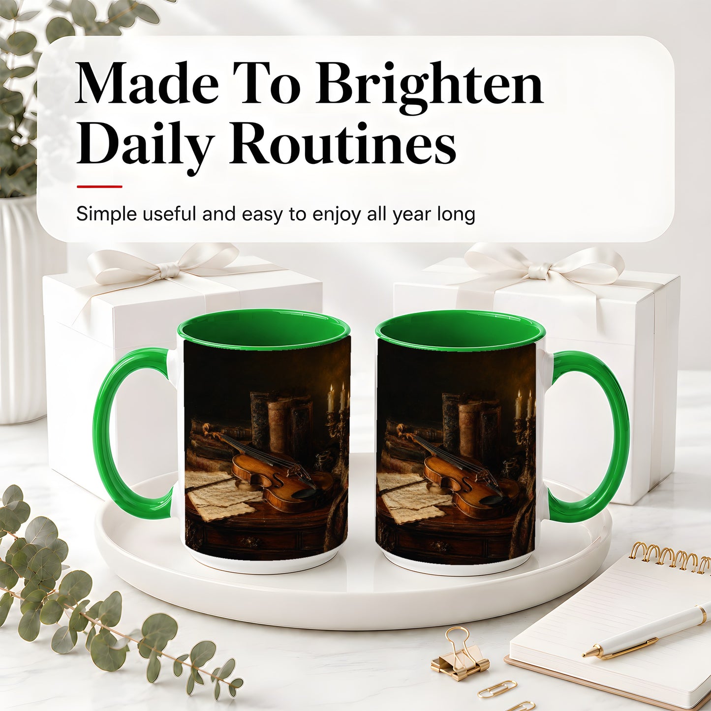 #pl[15oz|Green] Violin Still Life Ceramic Mug, Candlelit Books and Sheet Music