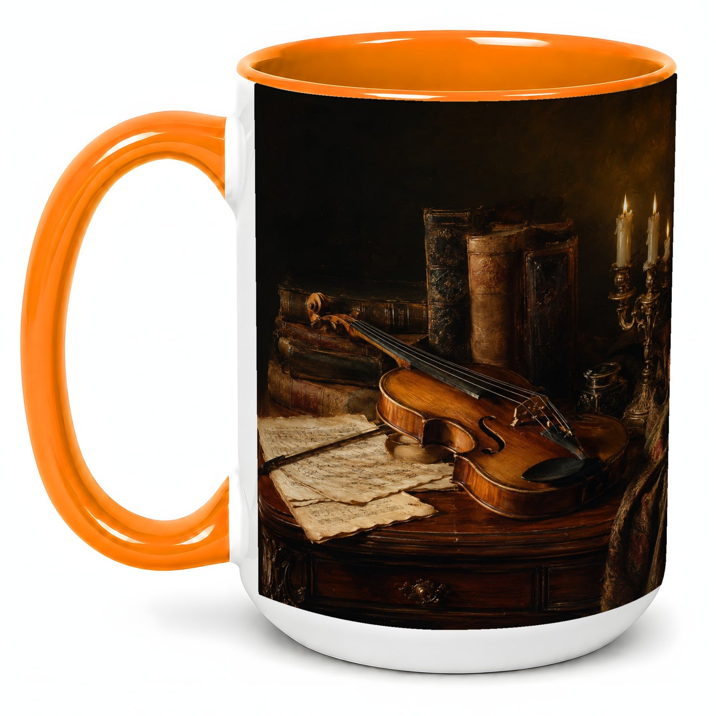 #pl[15oz|Orange] Violin Still Life Ceramic Mug, Candlelit Books and Sheet Music