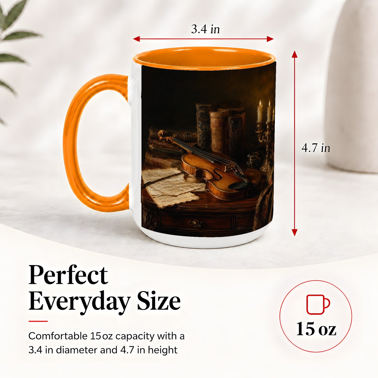 #pl[15oz|Orange] Violin Still Life Ceramic Mug, Candlelit Books and Sheet Music