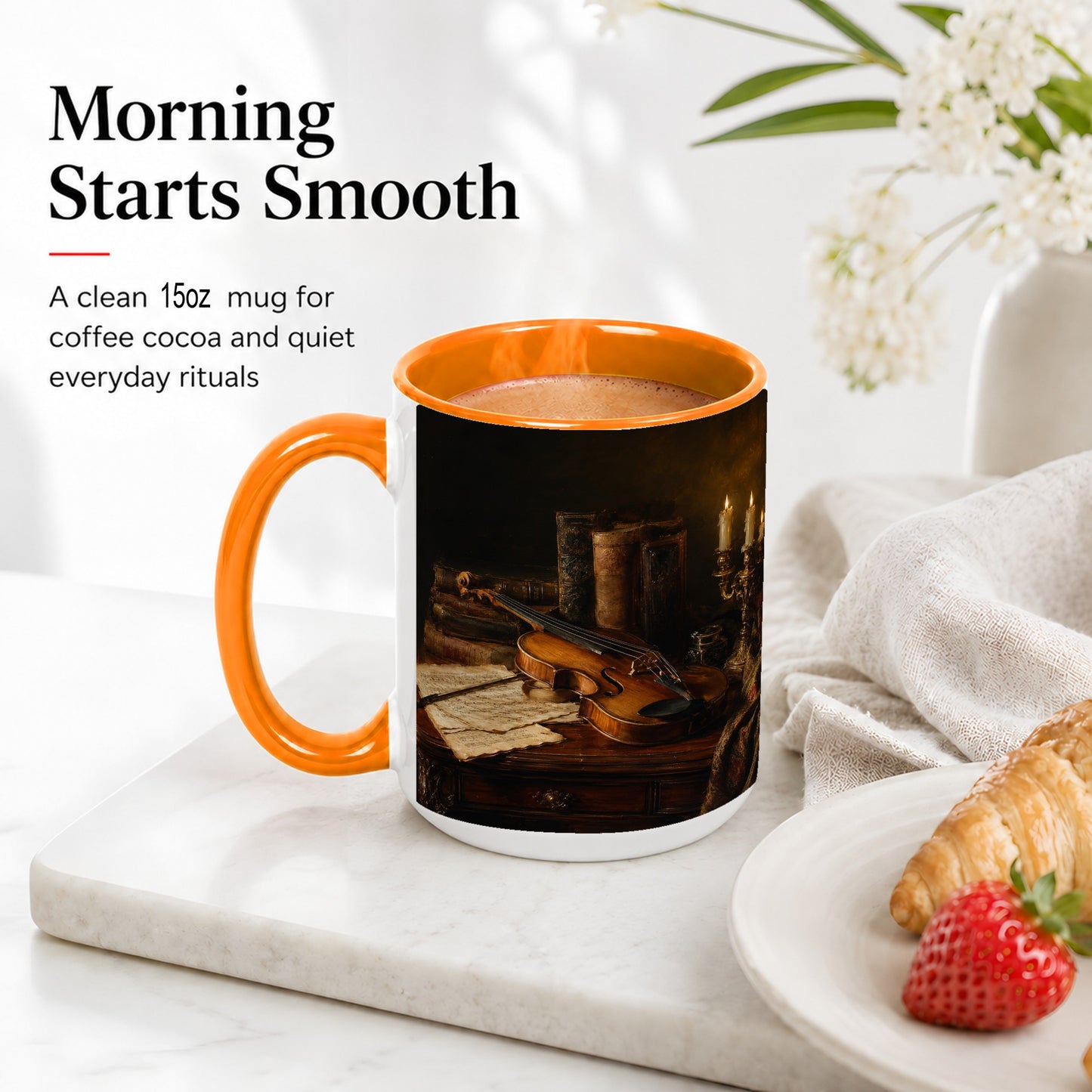 #pl[15oz|Orange] Violin Still Life Ceramic Mug, Candlelit Books and Sheet Music