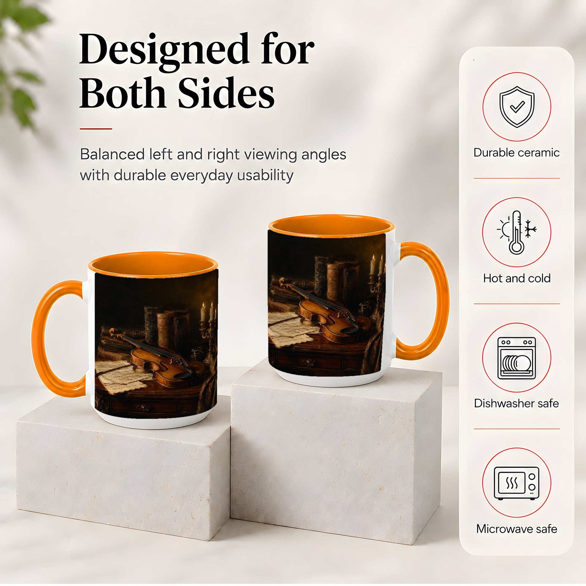 #pl[15oz|Orange] Violin Still Life Ceramic Mug, Candlelit Books and Sheet Music